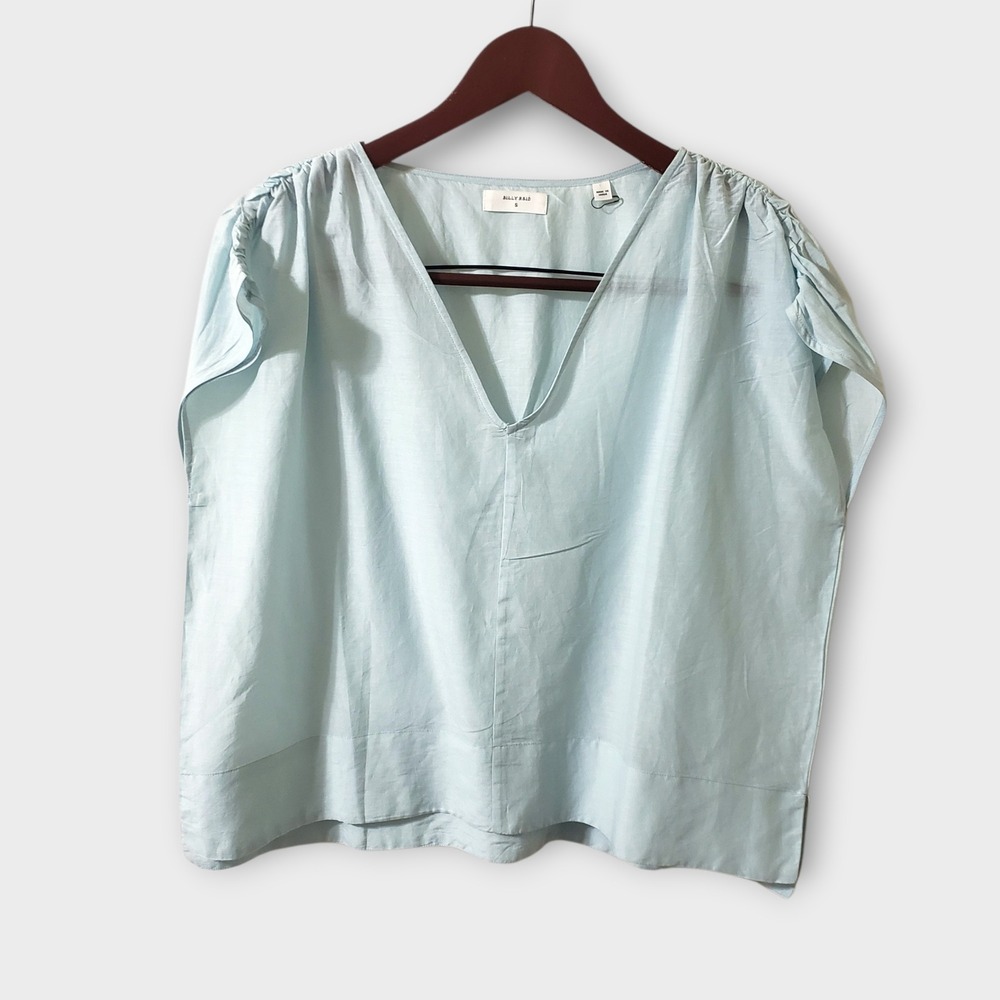 Billy Reid Womens Silk Blend Top Boxy Cap Sleeve V-Neck Blouse Pool Blue Size S